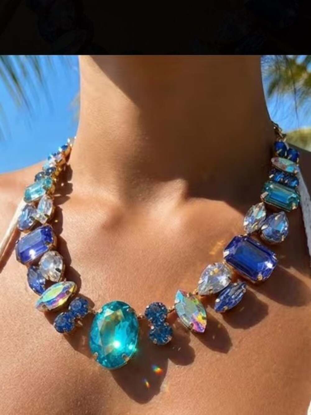 Chunky Gold Blue Crystal Rhinestone Statement Collar Necklace